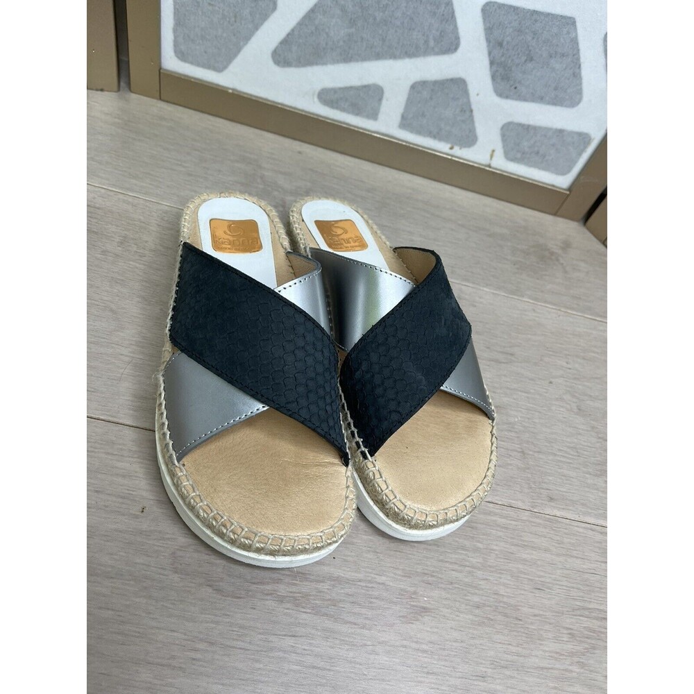 KANNA Leather Sandals Slides Slip On Espadrille Silver Black Platform 37 6 6.5